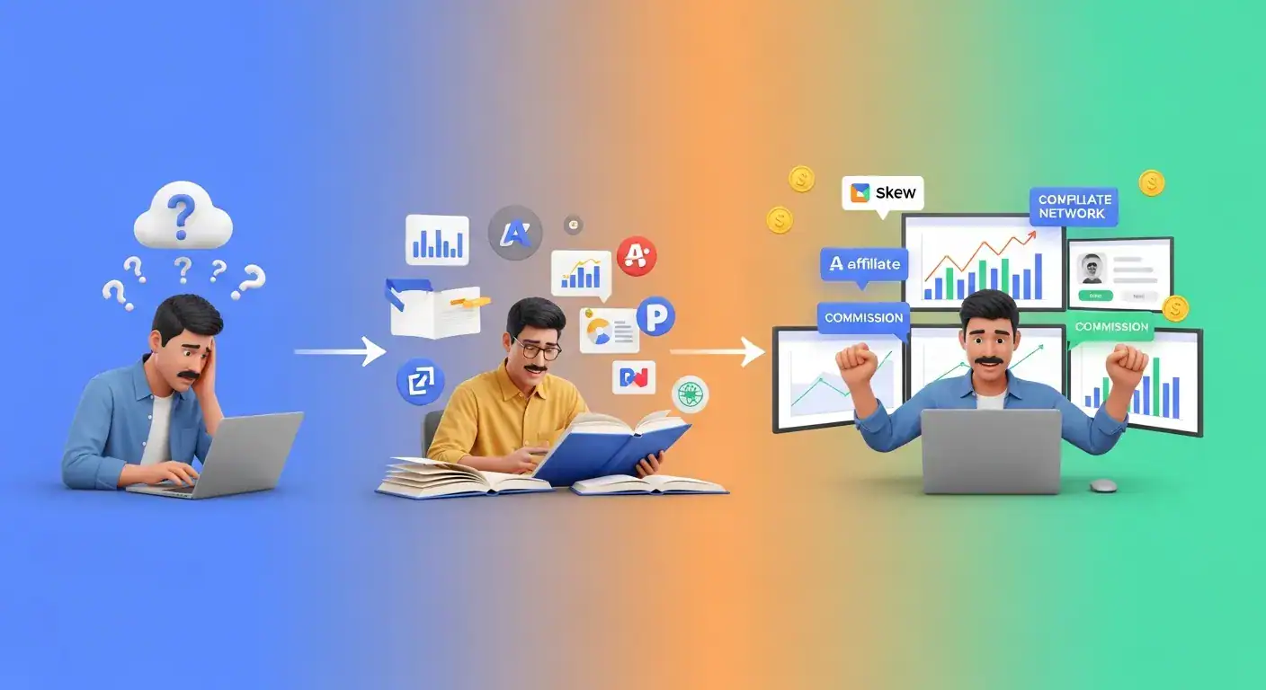 Affiliate marketing success journey: from confusion to learning, then celebrating commissions.